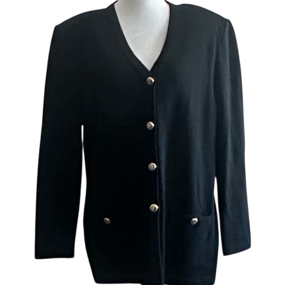 VTG St John Santana Knit Basics Black Sweater Short Jacket Long Sleeve 16 Luxury